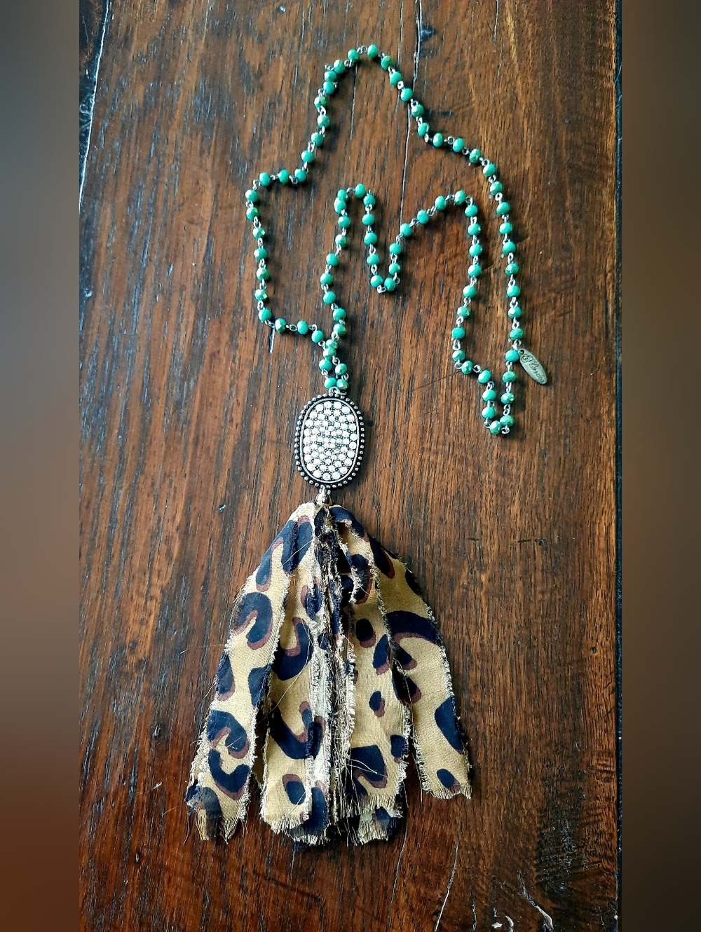 Turquoise Crystal Necklace with Leopard Fabric and Rhinestone Pendant by Plunder